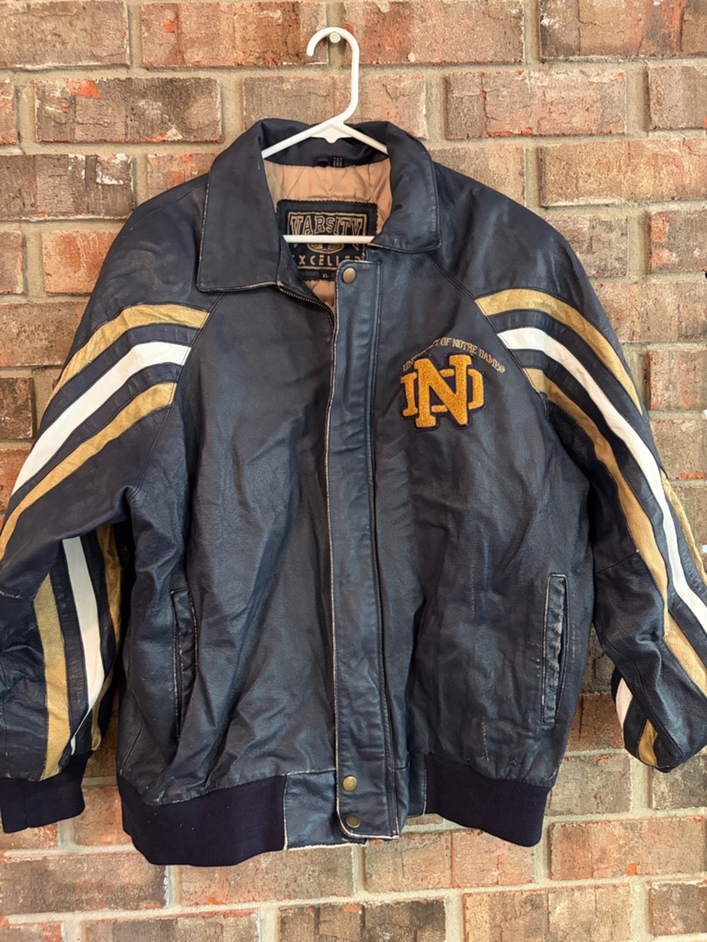 Varsity Notre Dame Navy Leather Jacket with Gold & White Stripes